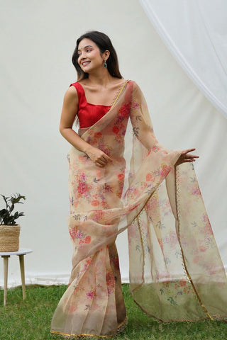 CREAM ORGANZA SILK SAREE