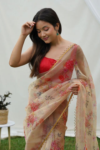 CREAM ORGANZA SILK SAREE