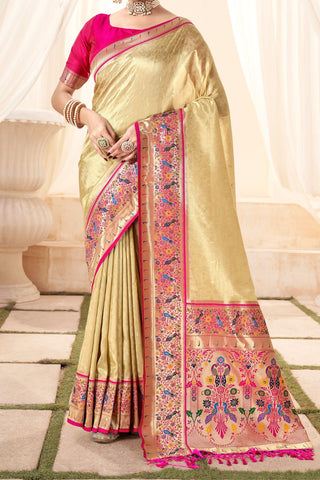 Cream & Pink Pure Paithani Tissue Silk With Zari Border Saree