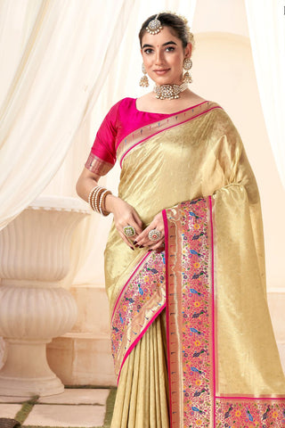 Cream & Pink Pure Paithani Tissue Silk With Zari Border Saree