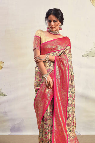 Cream & Pink Pure Dharamavaram Silk Saree