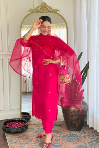 Crimson Pink Viscose Chanderi With Embroidered Kurta Set_Kumari Sarees