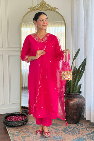 Crimson Pink Viscose Chanderi With Embroidered Kurta Set_Kumari Sarees