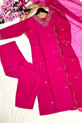 Crimson Pink Viscose Chanderi With Embroidered Kurta Set_Kumari Sarees