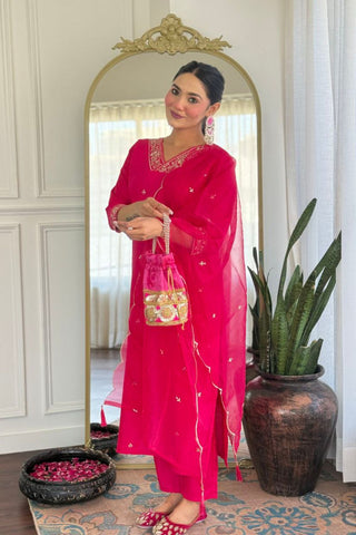 Crimson Pink Viscose Chanderi With Embroidered Kurta Set_Kumari Sarees
