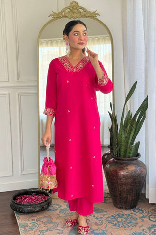 Crimson Pink Viscose Chanderi With Embroidered Kurta Set_Kumari Sarees