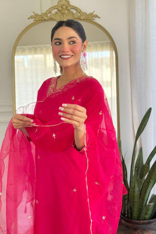 Crimson Pink Viscose Chanderi With Embroidered Kurta Set_Kumari Sarees