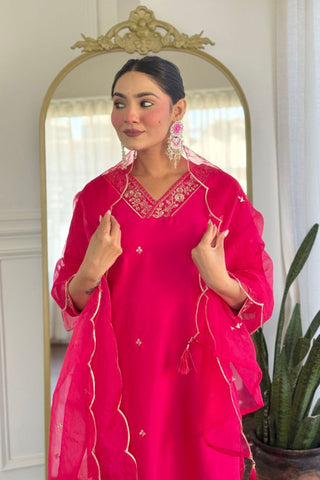Crimson Pink Viscose Chanderi With Embroidered Kurta Set_Kumari Sarees