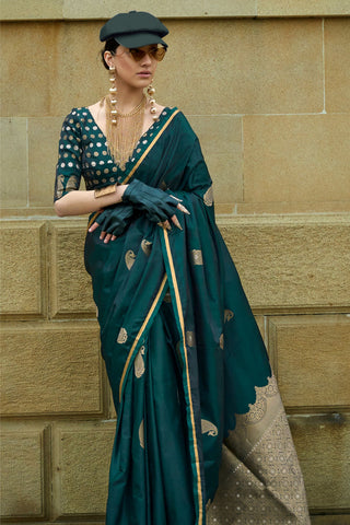 DARK GREEN SATIN HANDLOOM WEAVING SILK SAREE