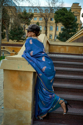 DARK BLUE SATIN HANDLOOM WEAVING SILK SAREE