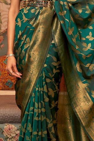 DARK GREEN NYLON CHINON TWO - TONE WEAVING SAREE