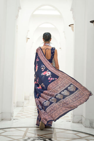 DARK BLUE PURE SILK CREEP SAREE