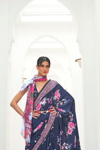 DARK BLUE PURE SILK CREEP SAREE