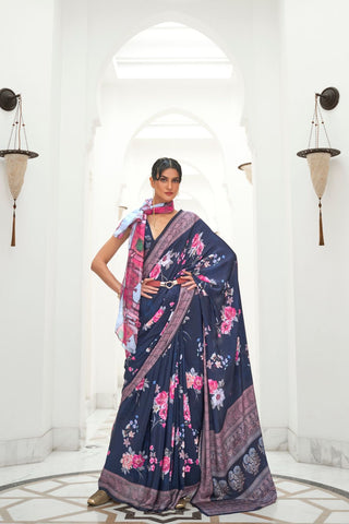 DARK BLUE PURE SILK CREEP SAREE