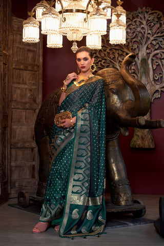 DARK GREEN PURE SATIN HANDLOOM WEAVING SAREE