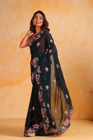 DARK GREEN GEORGETTE SILK SAREE