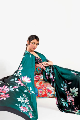 Dark Green Digital Printed Soft Creep Saree