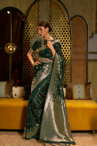 DARK GREEN PURE SATIN HANDLOOM WEAVING SAREE