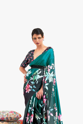 Dark Green Digital Printed Soft Creep Saree