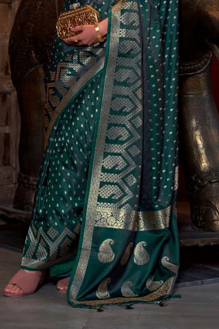 DARK GREEN PURE SATIN HANDLOOM WEAVING SAREE