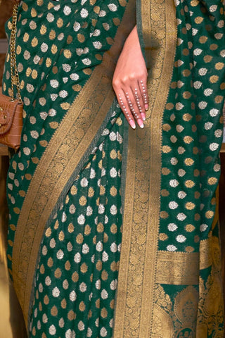 DARK GREEN PURE KHADI COPPER ZARI WEAVING SAREE