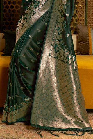 DARK GREEN PURE SATIN HANDLOOM WEAVING SAREE