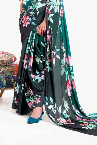 Dark Green Digital Printed Soft Creep Saree