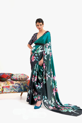 Dark Green Digital Printed Soft Creep Saree