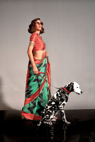 DARK GREEN PRINTED AJRAKH HANDWOVEN SILK SAREE