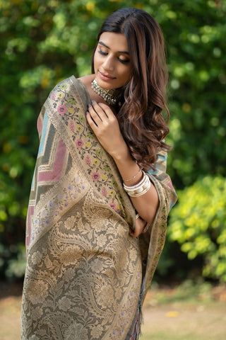 Dark Grey Organza Leheriya Woven Design Saree