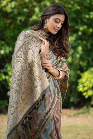 Dark Grey Organza Leheriya Woven Design Saree