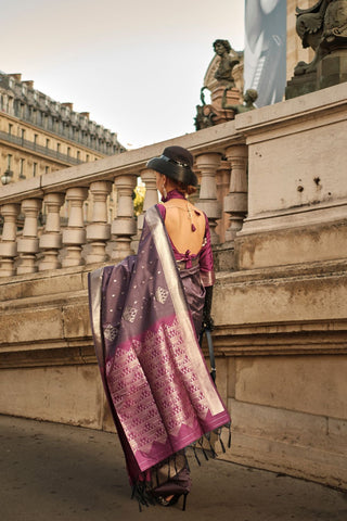 DARK GREY HANDLOOM WEAVING SILK SAREE