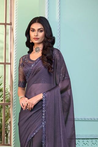 DARK GREY CRYSTAL GEORGETTE SAREE