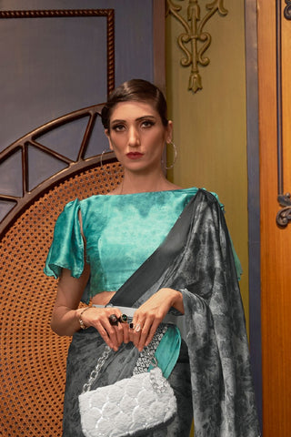 DARK GREY PRINTED JAPAN SATIN CREPE SAREE