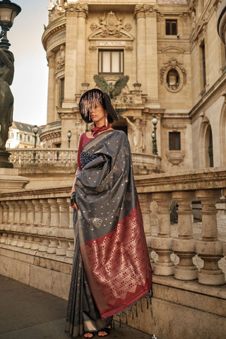 DARK GREY HANDLOOM WEAVING SILK SAREE