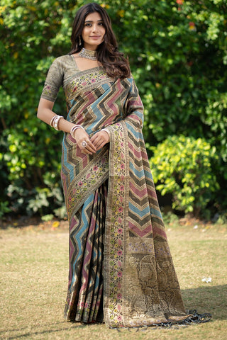 Dark Grey Organza Leheriya Woven Design Saree