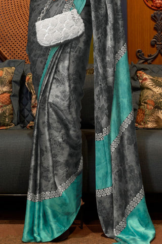 DARK GREY PRINTED JAPAN SATIN CREPE SAREE