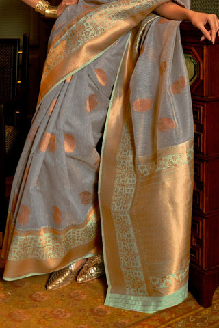 DARK GREY LINEN COPPER ZARI WEAVING SAREE