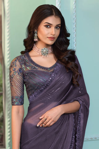 DARK GREY CRYSTAL GEORGETTE SAREE