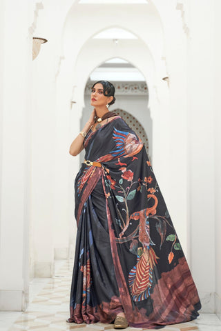 DARK GREY PURE SILK CREEP SAREE