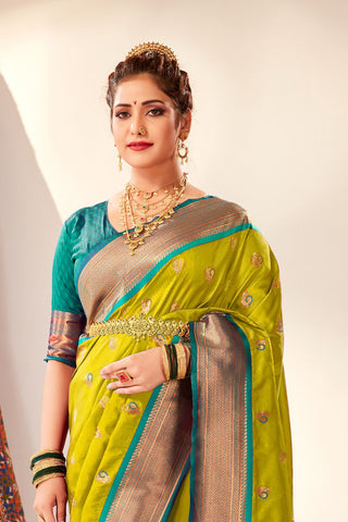 OLIVE GREEN SOFT PESHWAI PAITHANI SILK SAREE