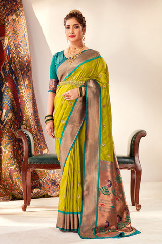 OLIVE GREEN SOFT PESHWAI PAITHANI SILK SAREE