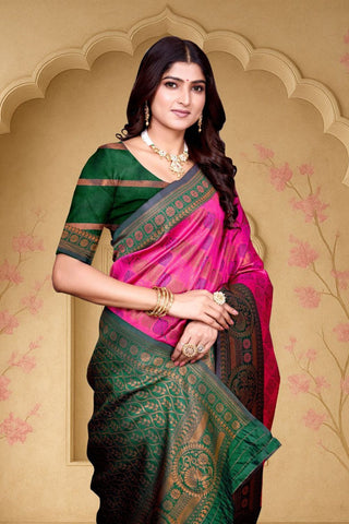Dark Pink and Green Kanjeevarm Banarasi Soft Silk Saree_Kumari Sarees
