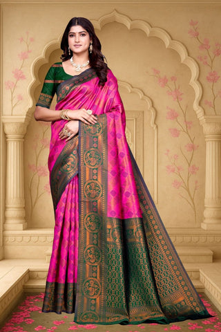 Dark Pink and Green Kanjeevarm Banarasi Soft Silk Saree_Kumari Sarees