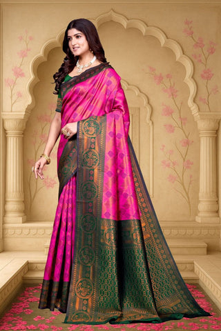 Dark Pink and Green Kanjeevarm Banarasi Soft Silk Saree_Kumari Sarees
