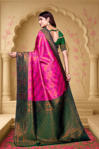 Dark Pink and Green Kanjeevarm Banarasi Soft Silk Saree_Kumari Sarees