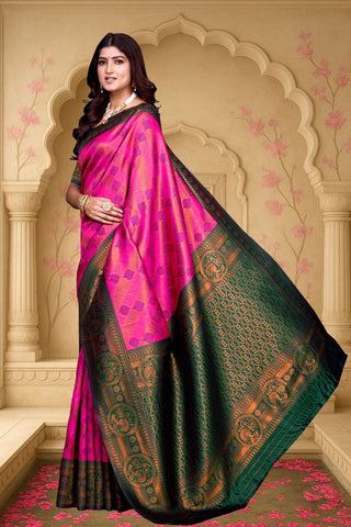 Dark Pink and Green Kanjeevarm Banarasi Soft Silk Saree_Kumari Sarees