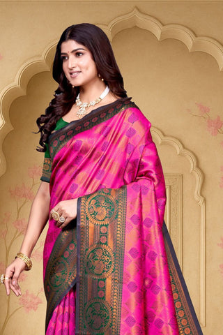 Dark Pink and Green Kanjeevarm Banarasi Soft Silk Saree_Kumari Sarees