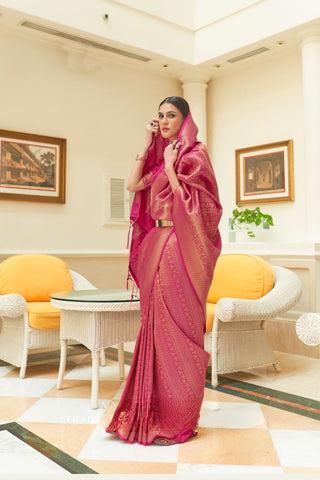 DARK PINK SEQUINS HANDLOOM WEAVING SAREE