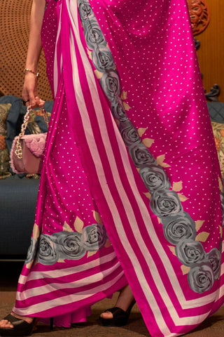 DARK PINK PRINTED JAPAN SATIN CREPE SAREE